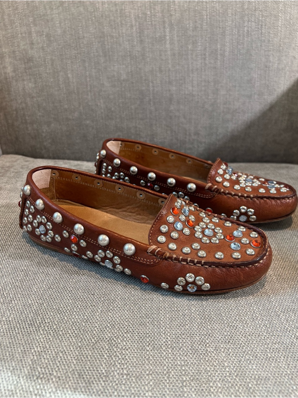 Isabel Marant Brown Studded Leather Loafers with Silver & Red Gems - Picture 10 of 12